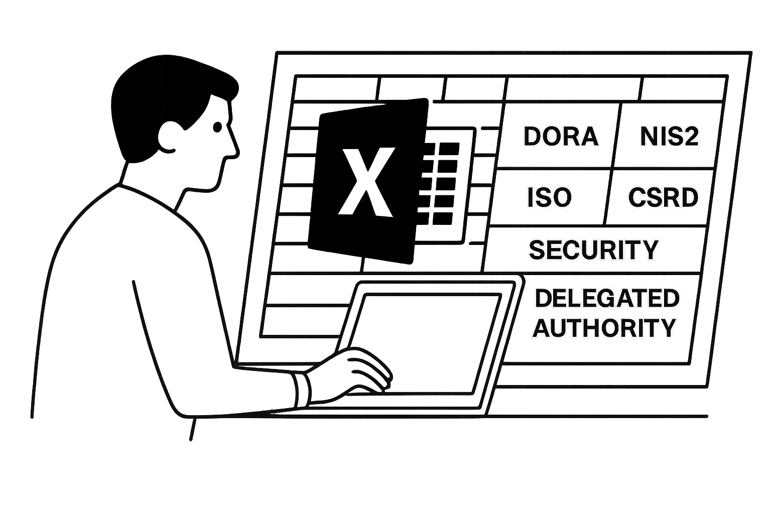 Illustration of an AI agent working on a compliance questionnaire spreadsheet.